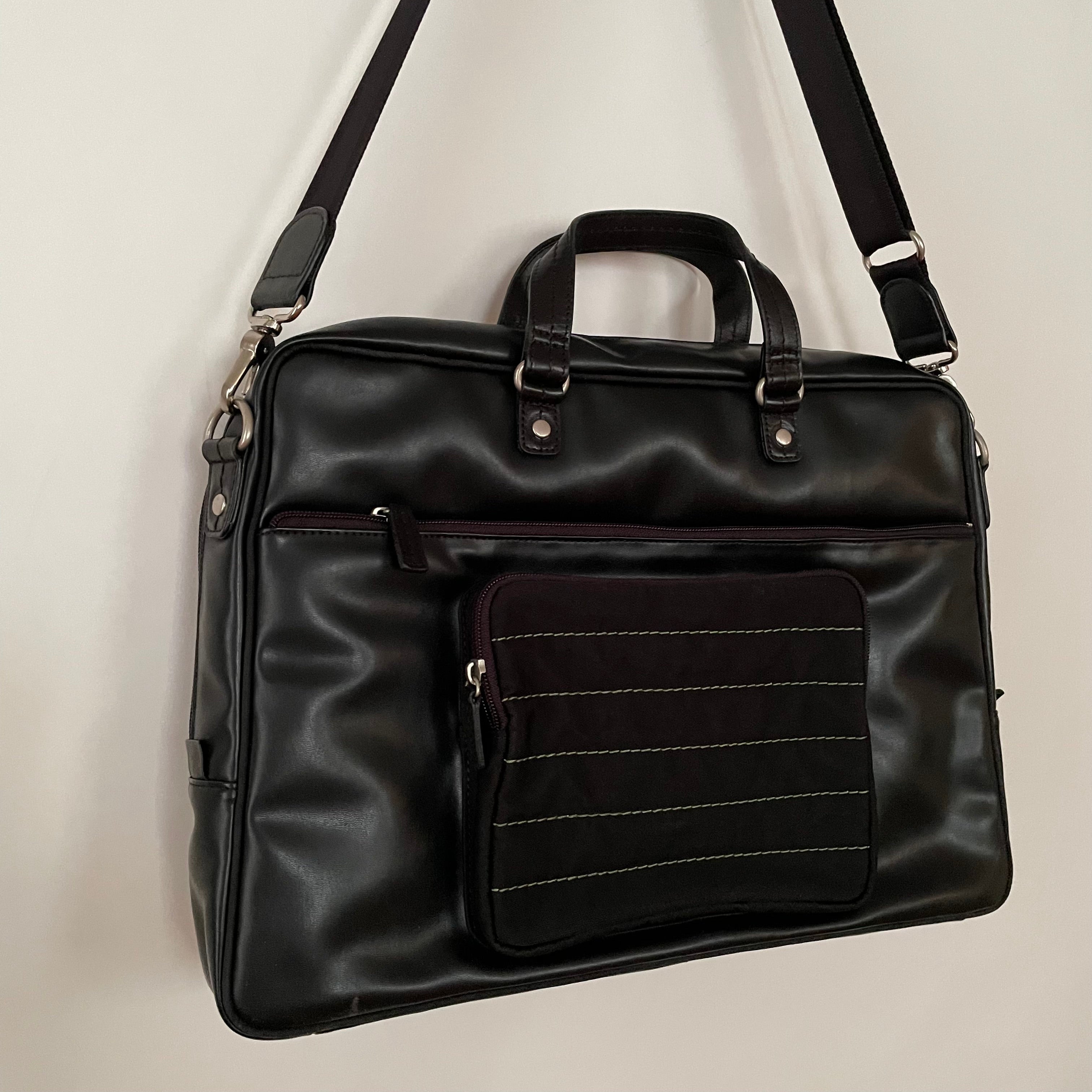 Premium Collection | Vegan Leather x Nylon x Leather Handles Briefcase with Stripe Stitch Accents | Black x Green